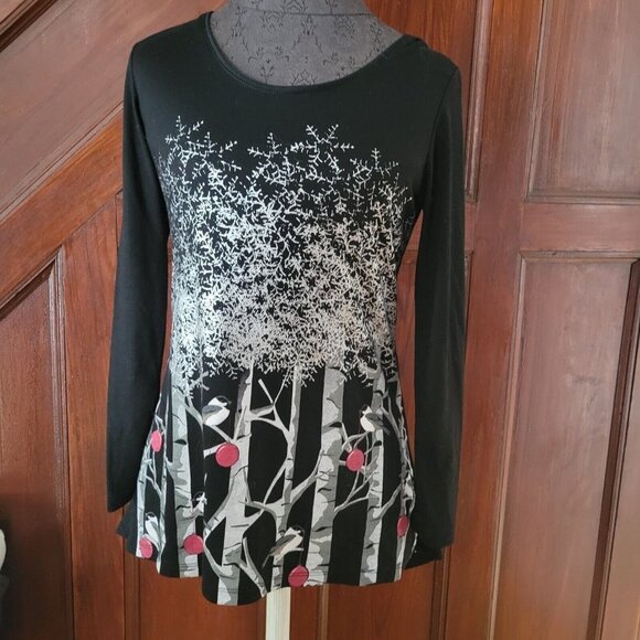 Mac & Belle Womens Long Sleeve Christmas Themed Birds Trees Blouse Sz S - Picture 1 of 4